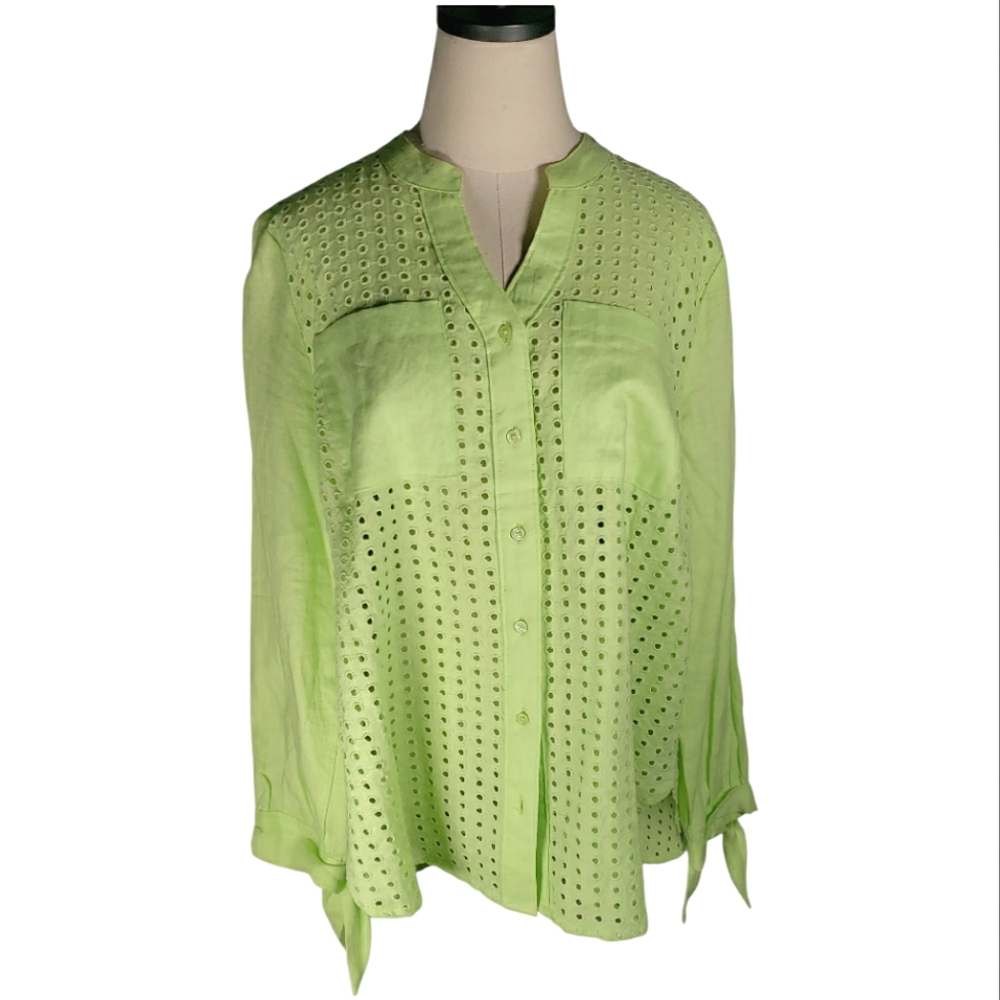 Linen Eyelette Lace Embroiderery Buttondown Blouse Patch Pockets Spring Preppy L